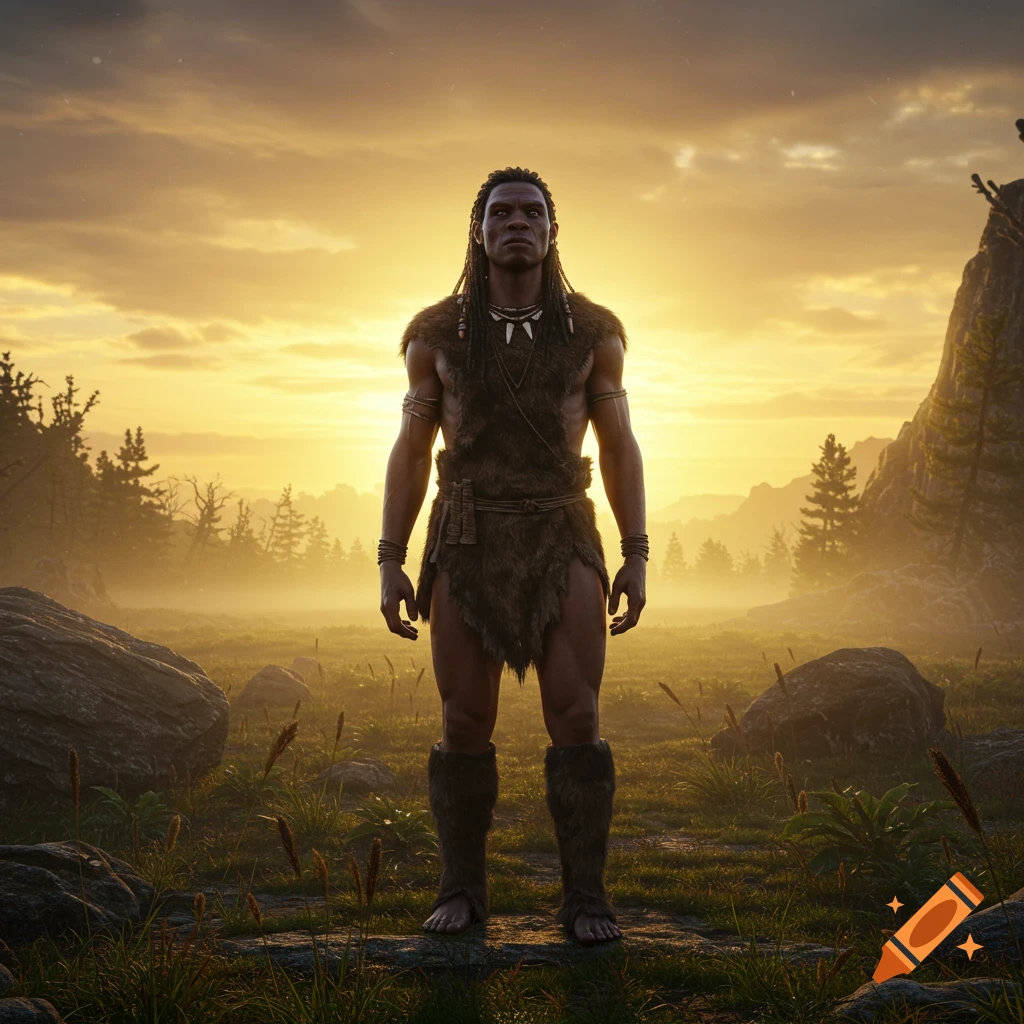 A man in primitive fur clothing stands in a misty, grassy field at sunset with dramatic lighting.
