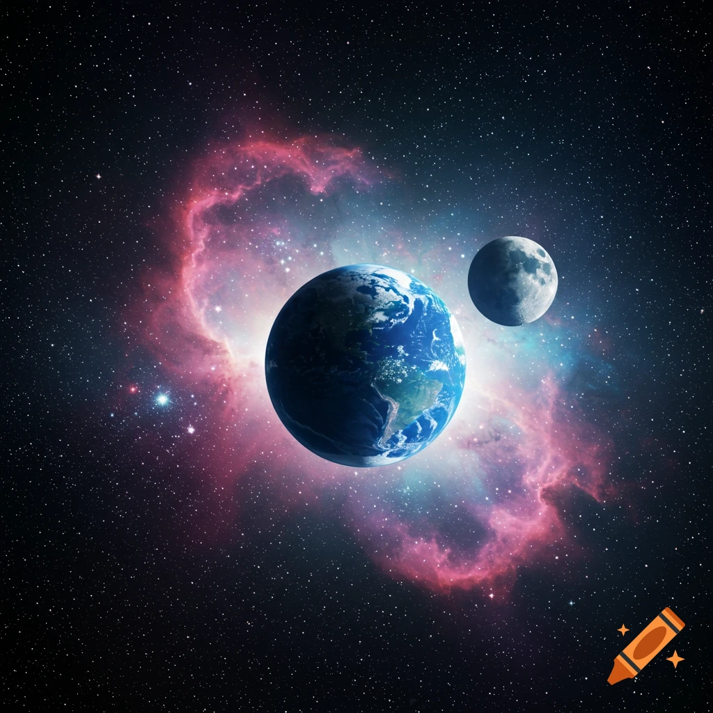 The Earth and Moon float in a starry galaxy with a glowing pink and purple nebula, photorealistic style.