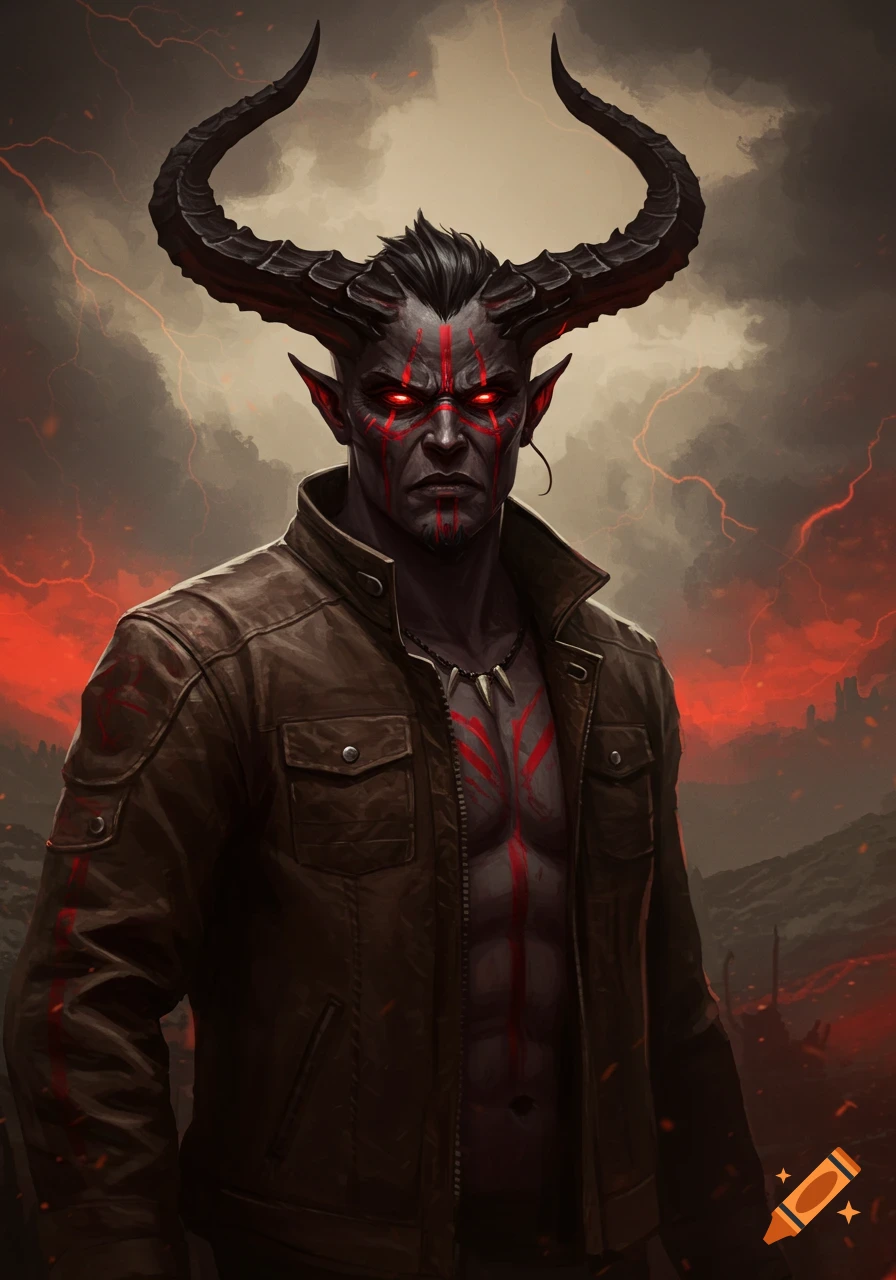 A male demon with black horns, glowing red eyes, and red tribal markings on dark skin, wearing a brown jacket, against a stormy, fiery sky.