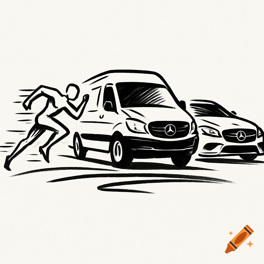 Black and white sketch logo of a runner next to a Mercedes-Benz van and a Mercedes-Benz sedan.