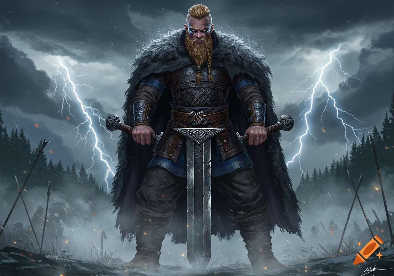A fierce Viking warrior with a braided beard and fur cape stands on a battlefield, holding two large swords under a lightning storm.