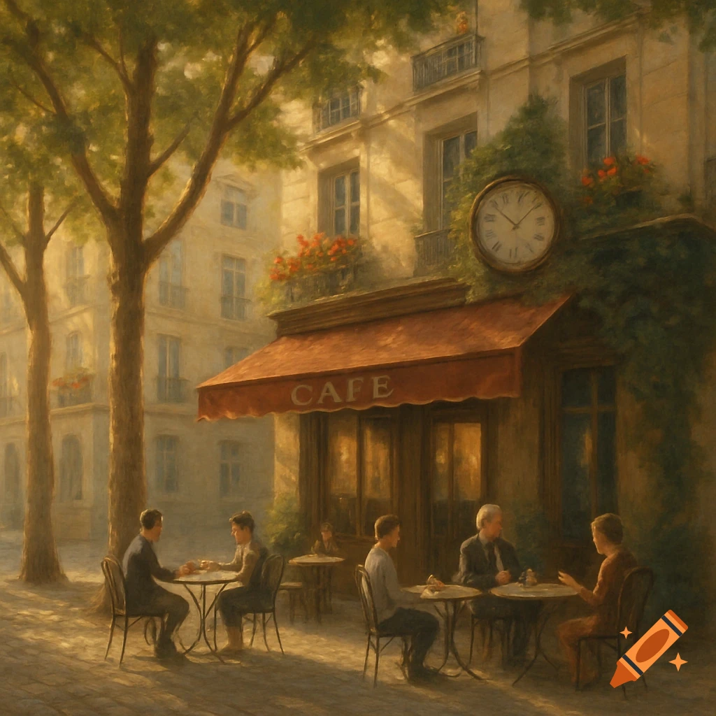 A painterly scene of people sitting at outdoor tables in front of a cafe with a red awning and a clock on the building, bathed in warm light.
