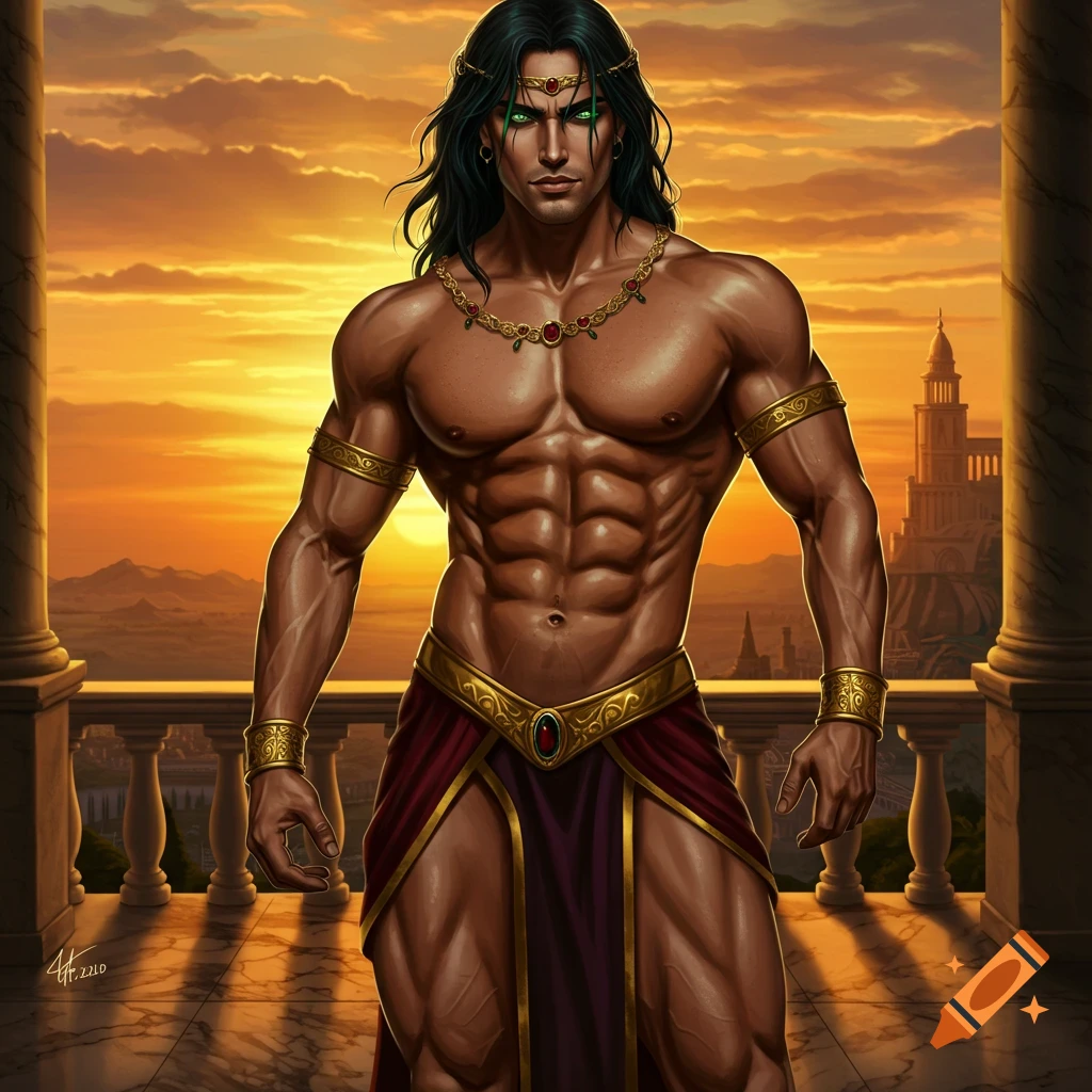 A muscular man with dark hair, green eyes, and gold jewelry stands on a balcony against a vibrant sunset and ancient city, in a fantasy art style.