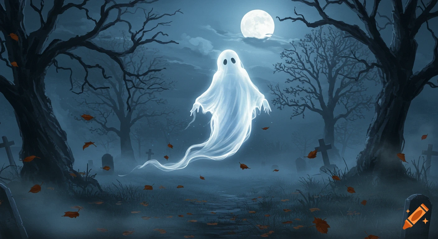 A white cartoon ghost floats in a foggy graveyard under a full moon, surrounded by bare trees and falling orange leaves.
