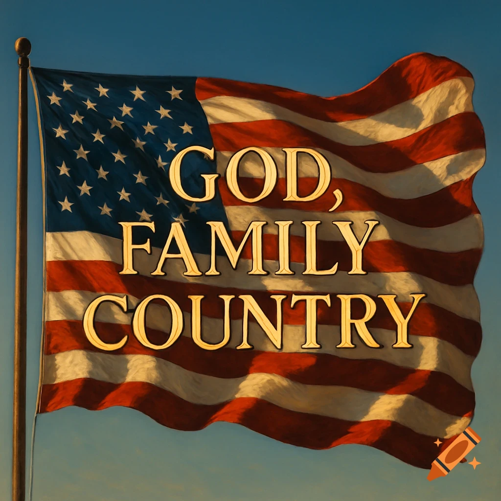 American flag waves against a blue sky, with 'GOD, FAMILY COUNTRY' in gold letters across it.