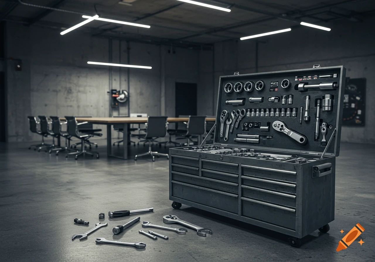 Photorealistic image of an open mechanic's toolbox with tools inside and on the floor, set in a modern, dark meeting room.