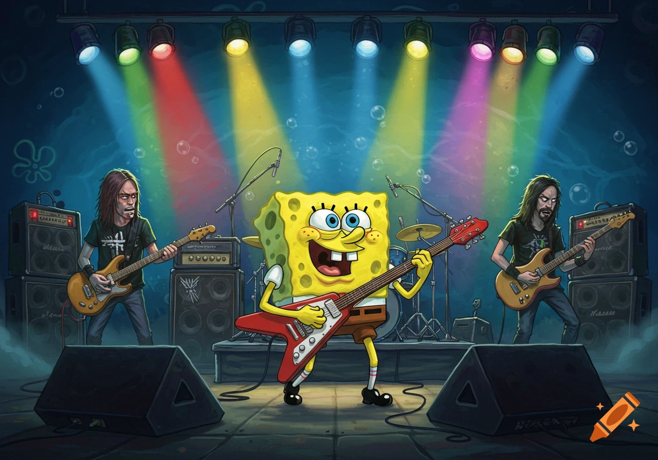SpongeBob SquarePants plays a red electric guitar on stage with two rock band members under colorful spotlights, in a cartoon style.