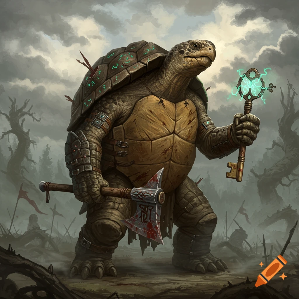 A large, armored war turtle stands amidst a desolate battlefield, holding a bloody axe and a glowing magical key.
