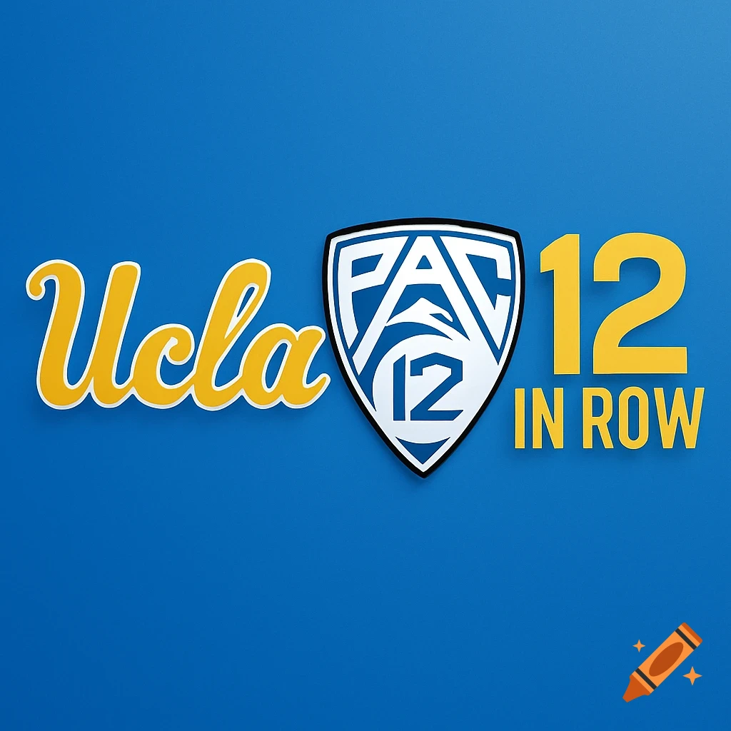 UCLA and PAC-12 logos with '12 IN ROW' text on a blue background. on ...