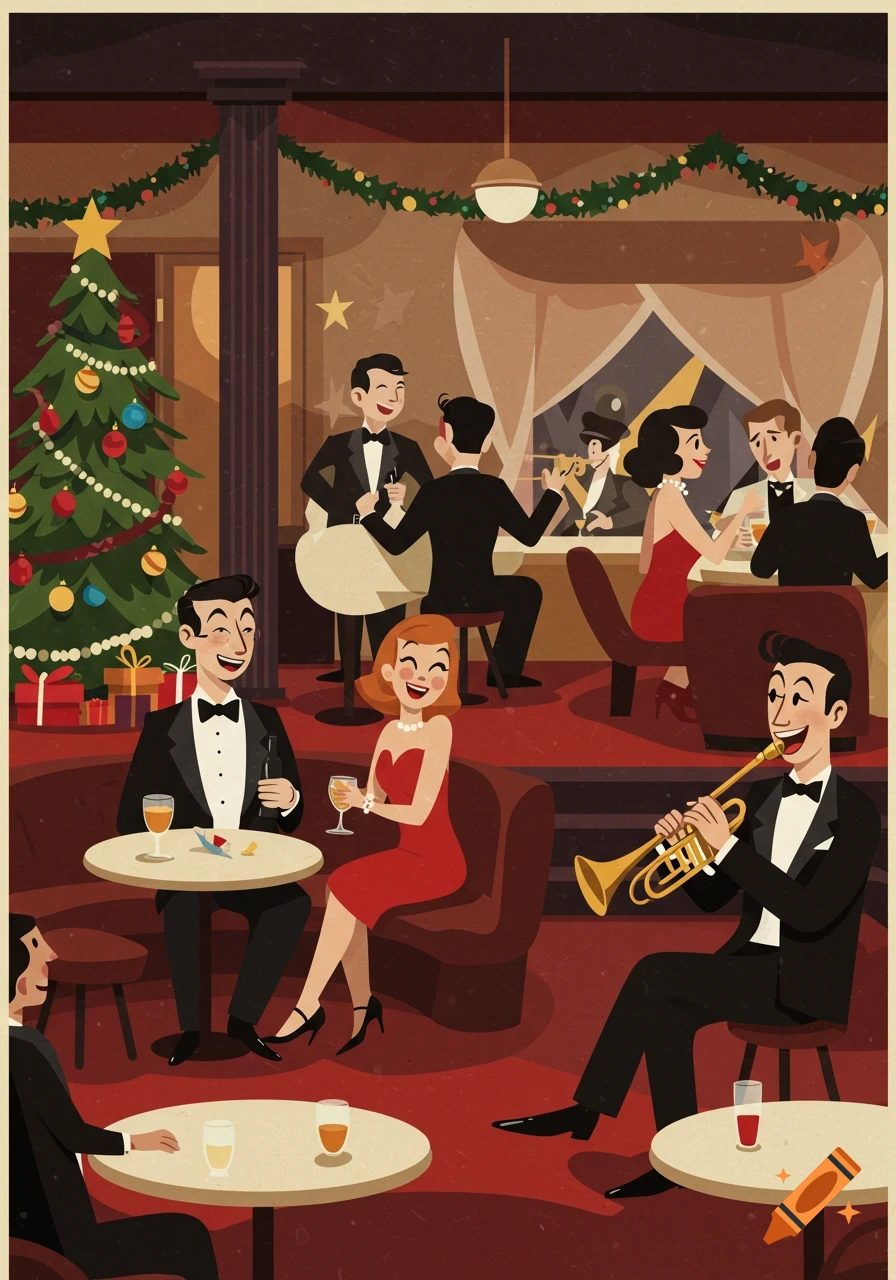 Retro cartoon of a lively Christmas party in a vintage jazz club with people in formal wear and a trumpet player.