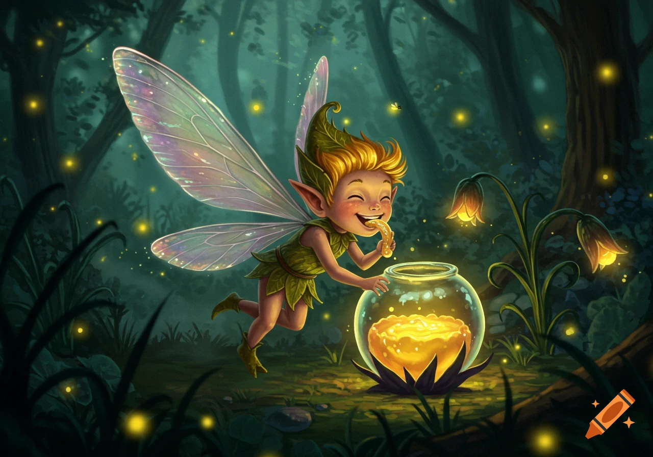 A cheerful pixie with big iridescent wings and leafy clothes floats, eating glowing goo from a magical jar in a dark, firefly-lit forest.