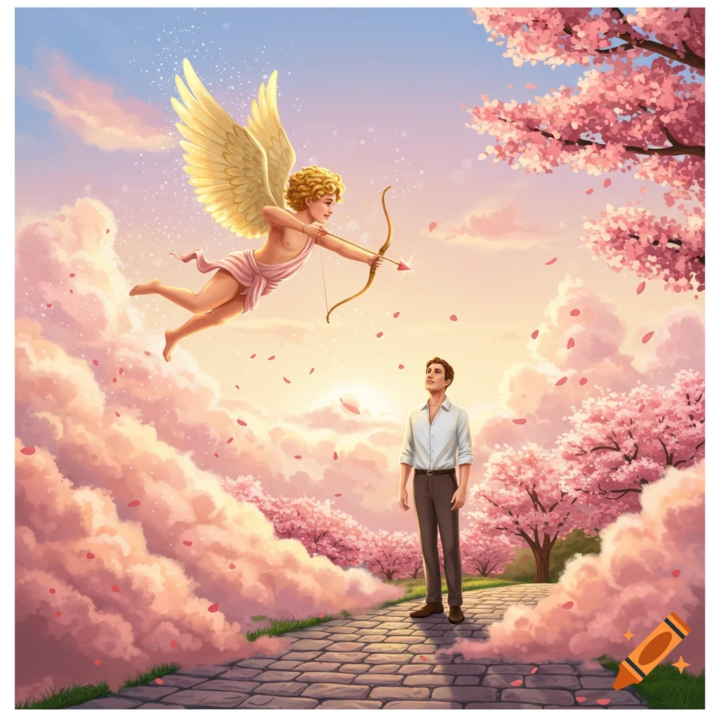 An illustration of a winged Cupid in pink aiming an arrow at a man on a cobblestone path surrounded by pink clouds and cherry blossoms.