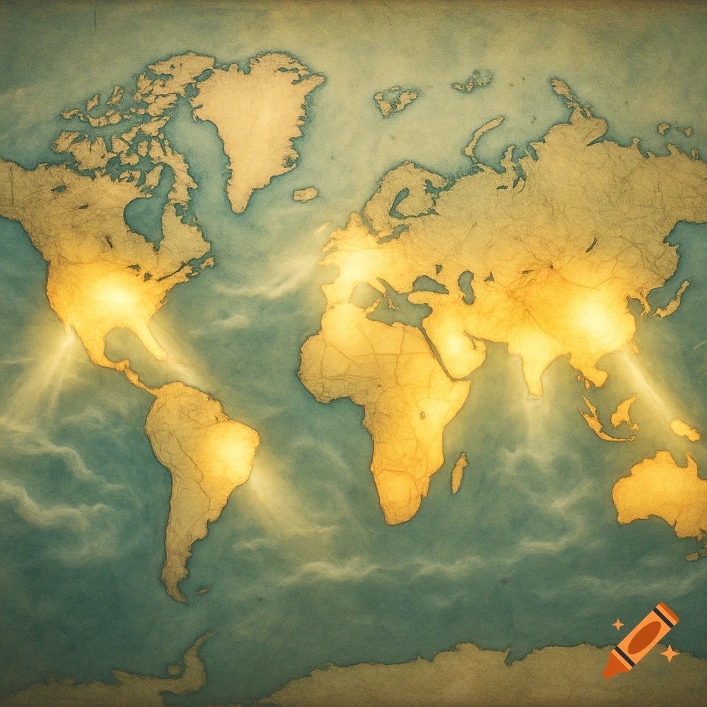 A vintage-style world map with golden landmasses glowing with bright light rays against a teal, cloudy ocean background.