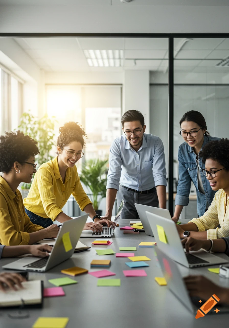 Diverse office employees smile and collaborate with laptops and sticky notes in a bright, modern workspace. Photorealistic.