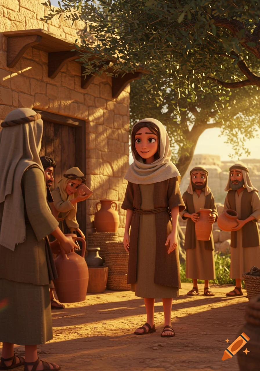 Pixar-style illustration of a young woman in biblical attire, smiling in a sunny village street with neighbors and clay pots.