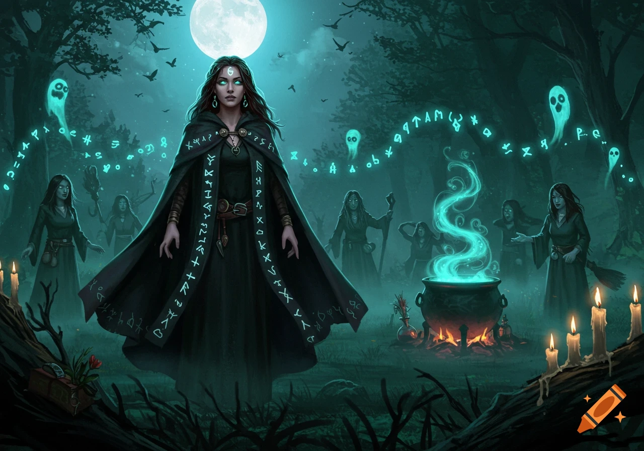 Dark fantasy art of witches performing a ritual in a moonlit forest. A cloaked witch with glowing runes, ghosts, and a smoking cauldron are featured.