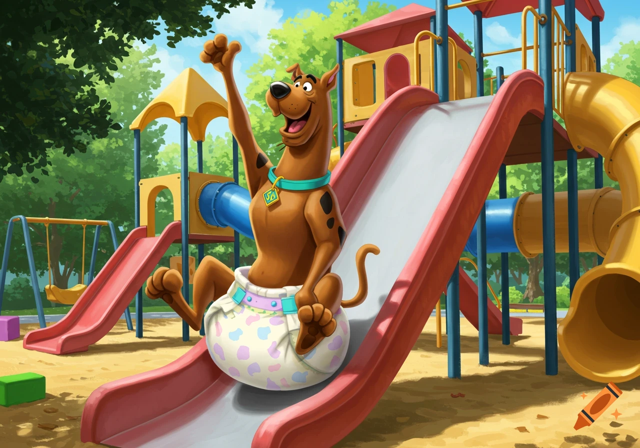 Scooby Doo, wearing a patterned diaper and a collar, slides happily down a red playground slide with one arm raised in a cartoon style.