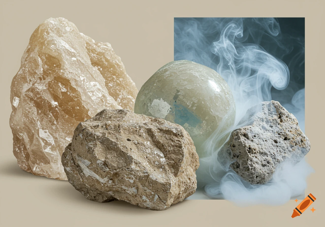 Still life collage of various rocks including crystalline and porous textures, a smooth sphere, and swirling white smoke on a beige background.