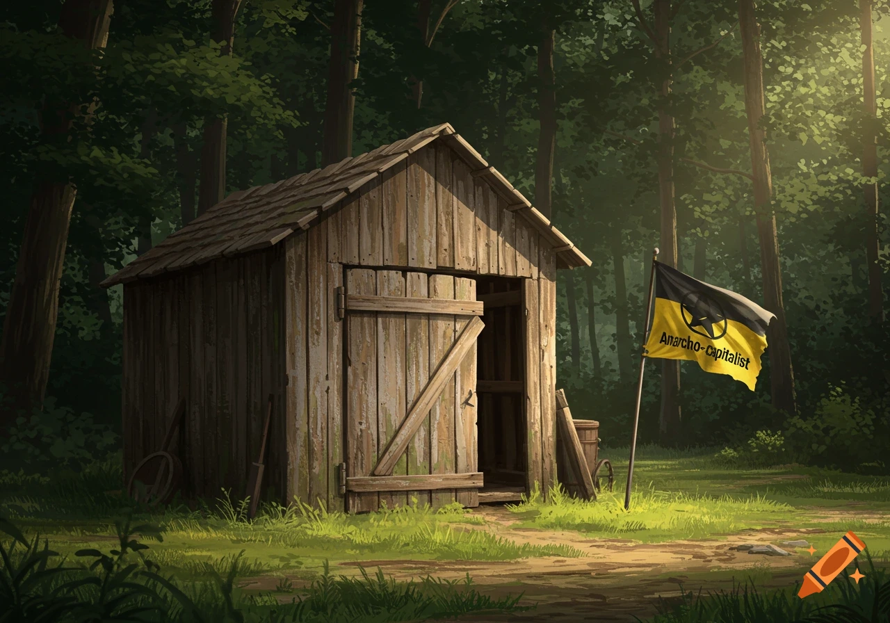 An old wooden toolshed in a sunlit forest with an Anarcho-Capitalist flag flying on a pole next to the door.