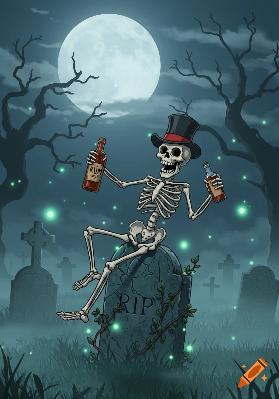 A cartoon skeleton in a top hat sits on a tombstone, holding two bottles, one labeled 'RUM', in a misty graveyard under a full moon.