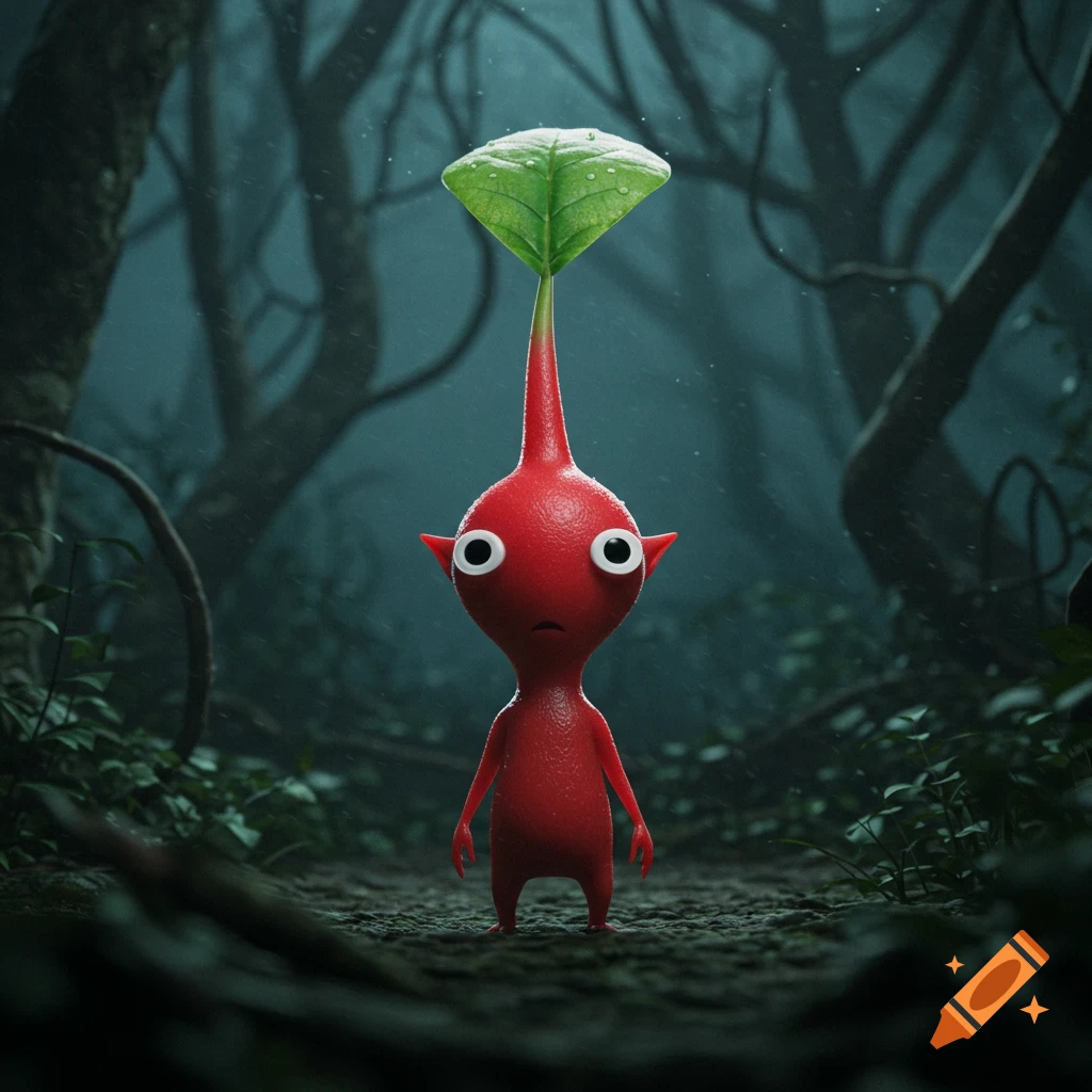A sad red Pikmin with a leaf on its head stands alone on a damp path in a dark, misty forest, rendered in a photorealistic 3D style.