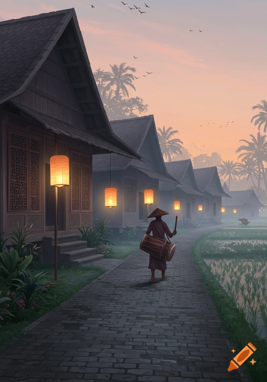 A person in a traditional conical hat carries a drum, walking along a path lined with lantern-lit houses and rice fields at sunrise.