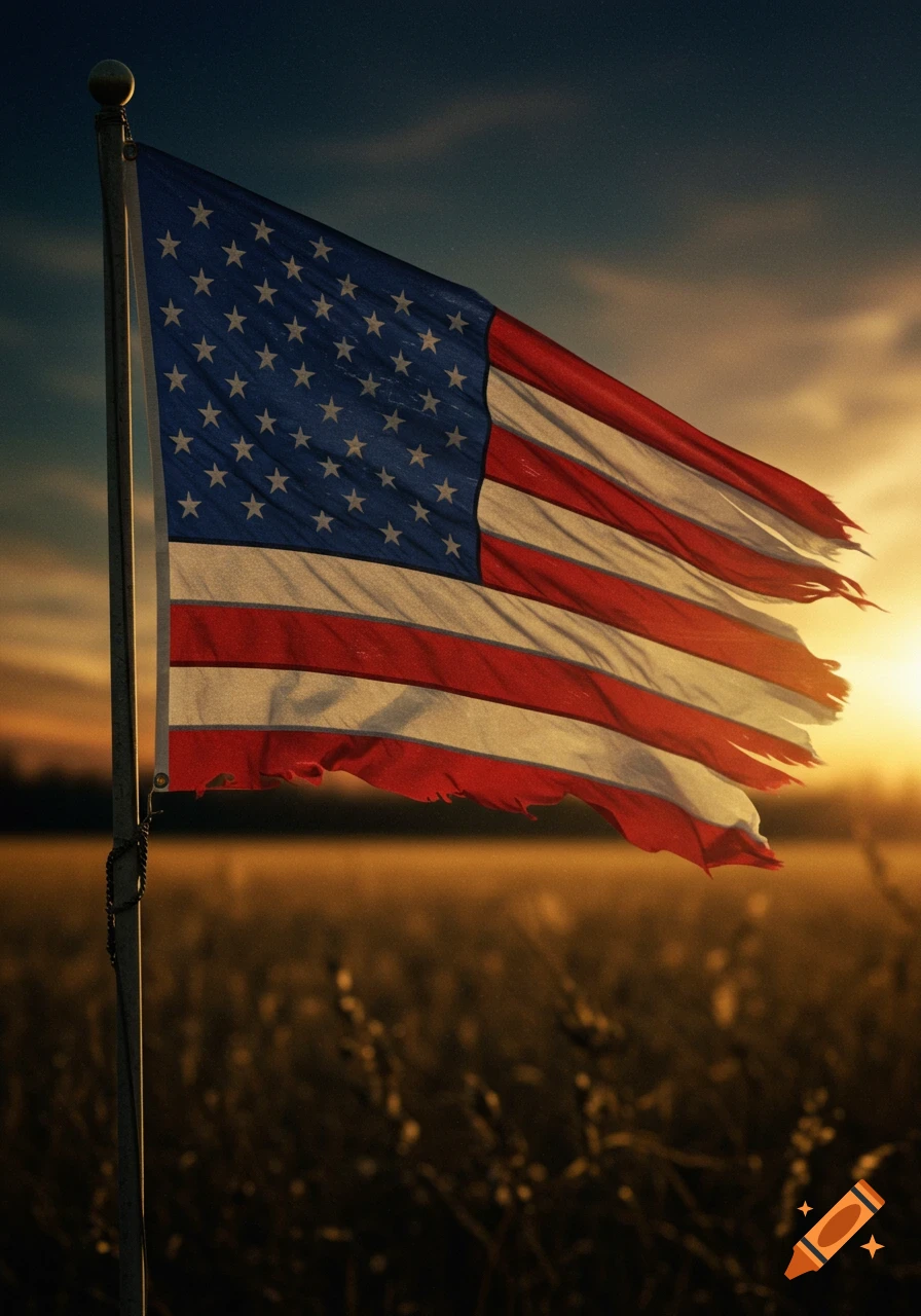 A tattered American flag waves on a pole in a field at sunset, with golden light in the background.