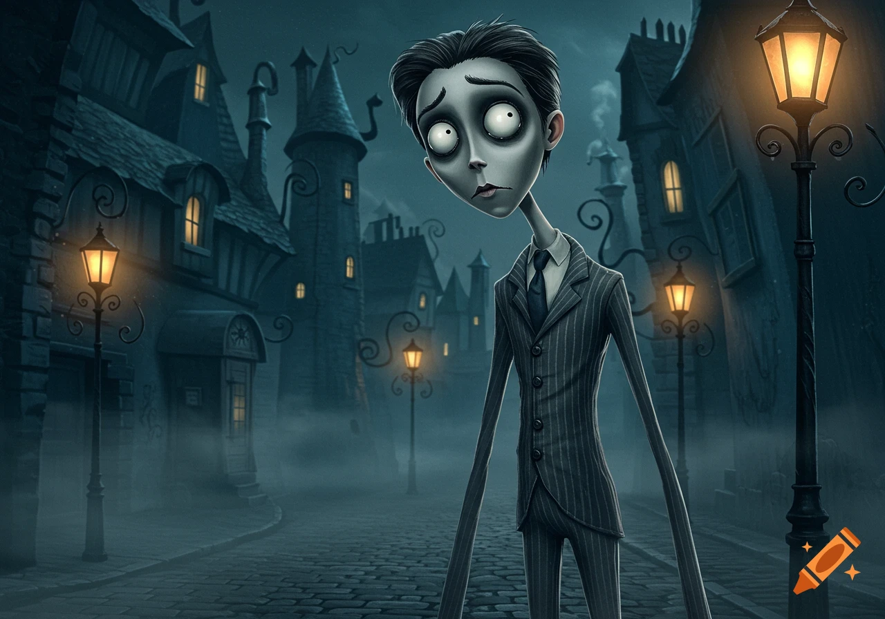 A pale, wide-eyed Tim Burton-style character in a pinstripe suit stands on a foggy cobblestone street lined with gothic buildings and glowing streetlights.