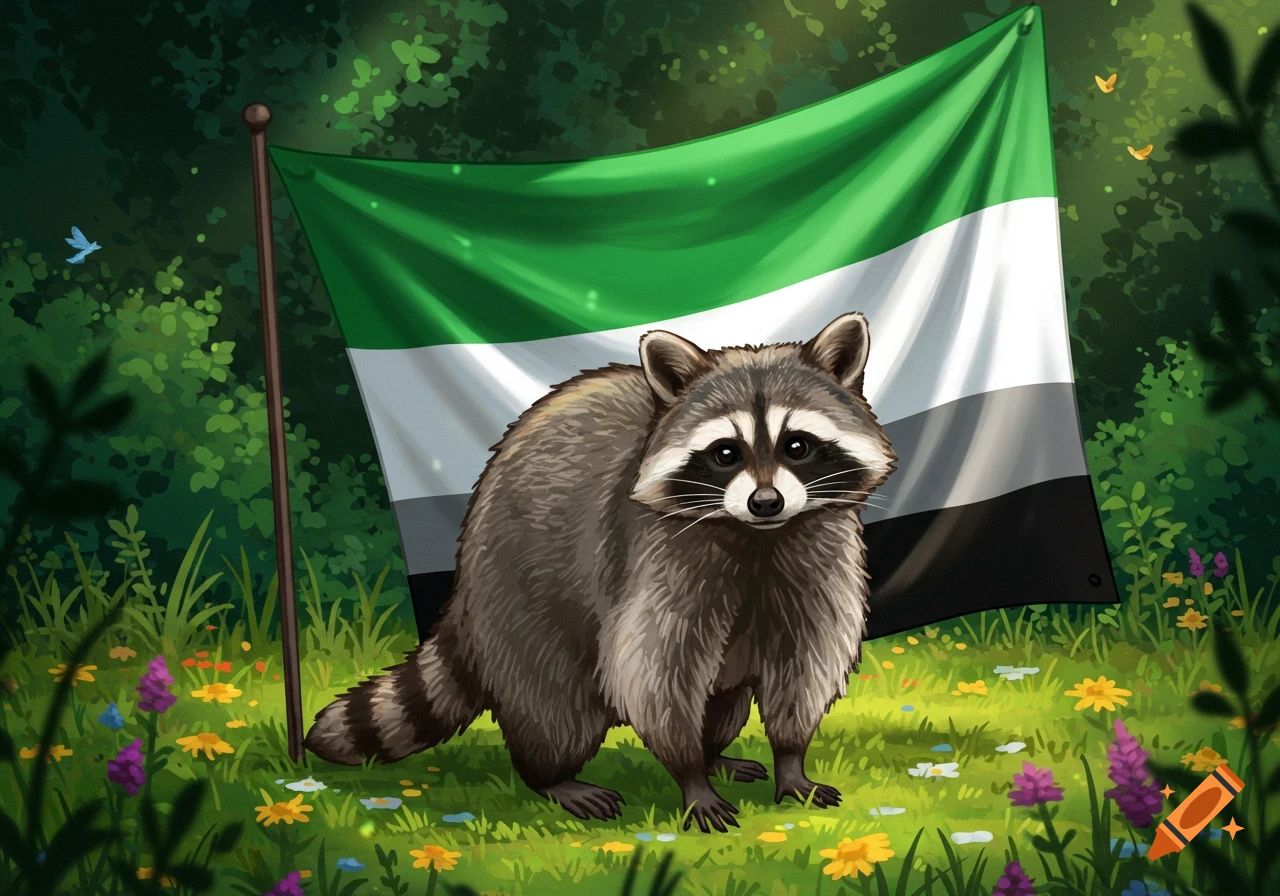 A digital illustration of a raccoon in a forest with an aromantic flag.