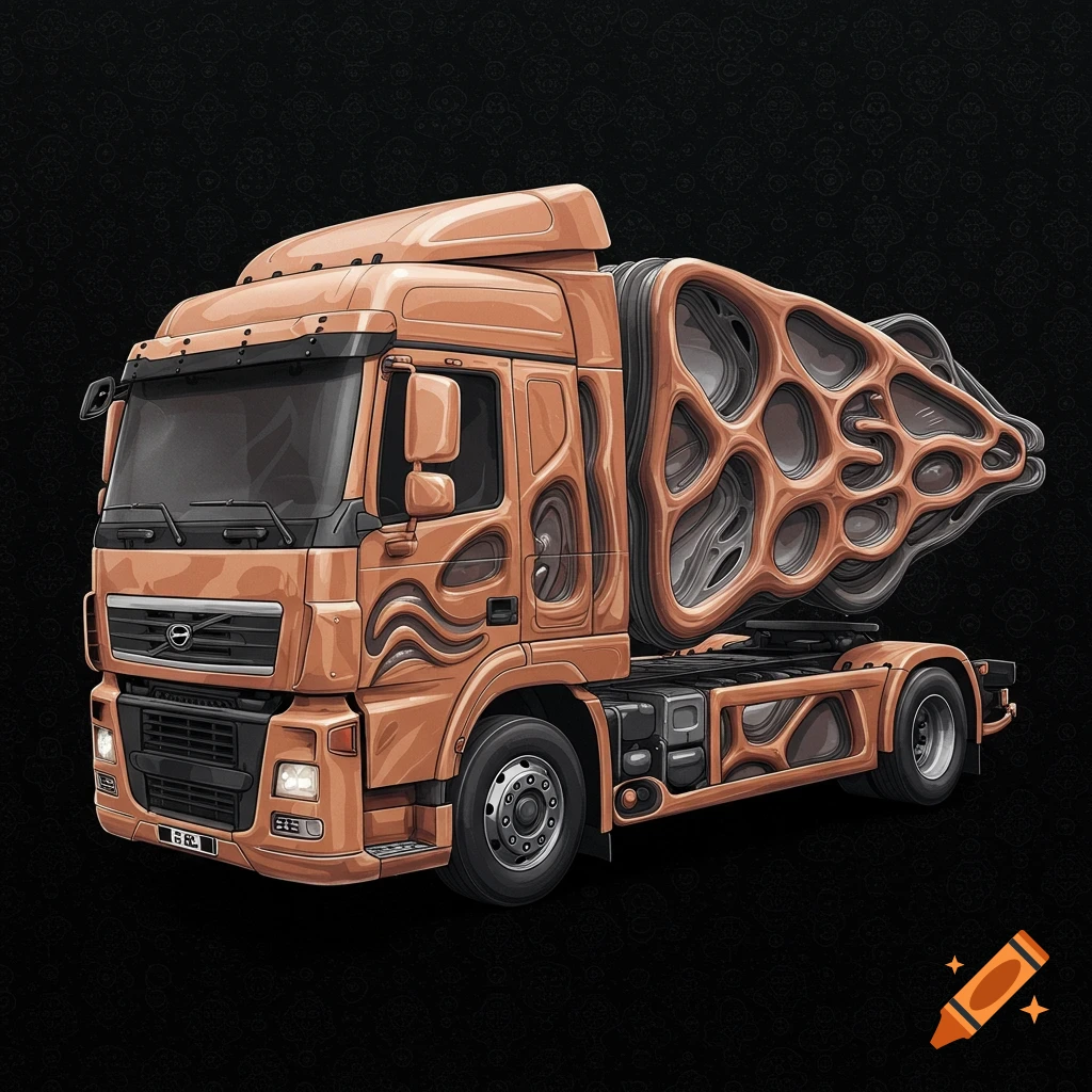 A digital art illustration of an orange truck with an organically dissected, multi-layered cargo bed, against a black background with embossed circles.