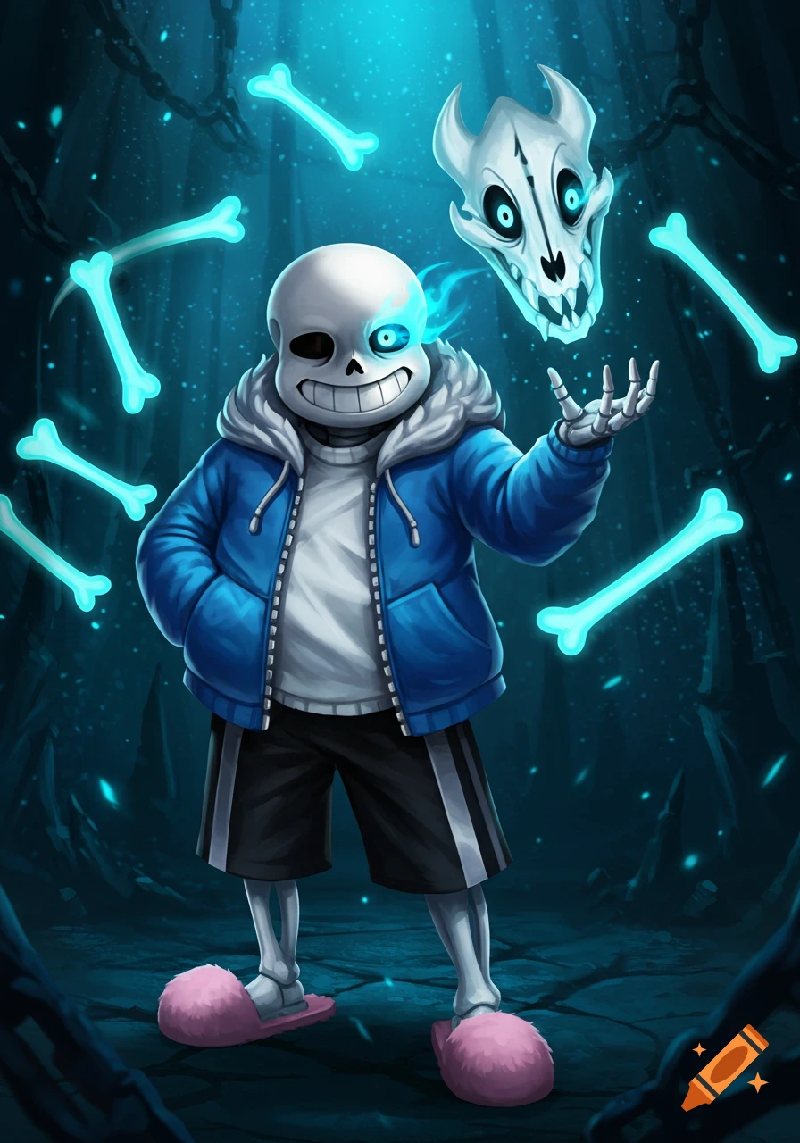 Sans from Undertale, a skeleton with a glowing blue eye, wearing a blue hoodie, summoning glowing bones and a skull in a dark, stylized scene.