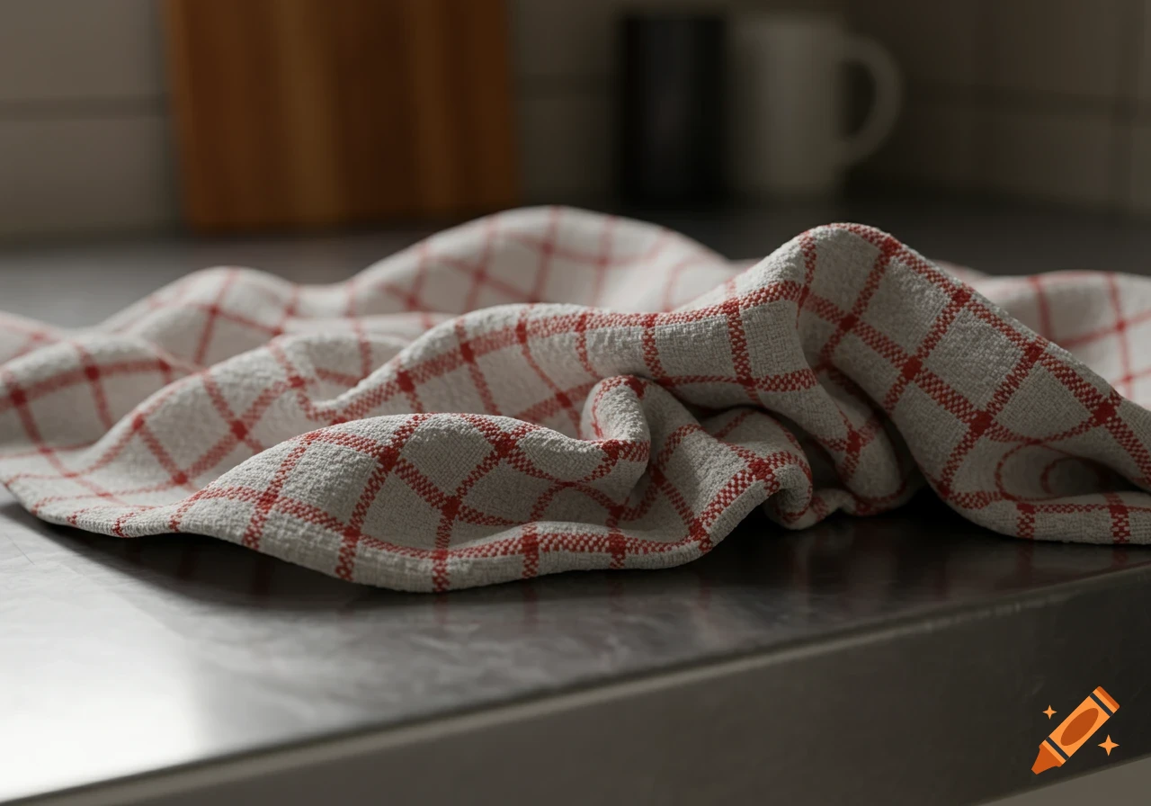 A crumpled white kitchen towel with a red checkered pattern rests on a metallic counter in a photorealistic close-up.