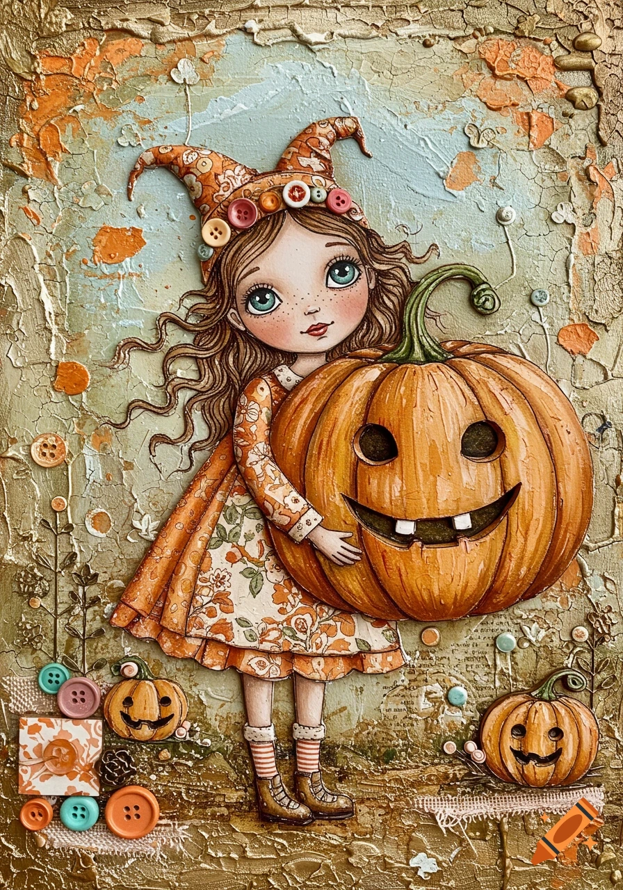 A whimsical girl in a patterned dress and witch hat holds a large smiling jack-o'-lantern in a textured mixed-media collage with buttons.