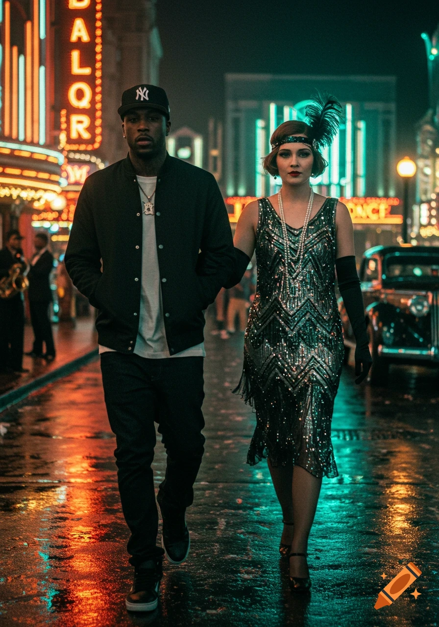 A modern man and a woman in 1920s attire walk arm-in-arm down a wet, neon-lit city street at night in a photorealistic style.