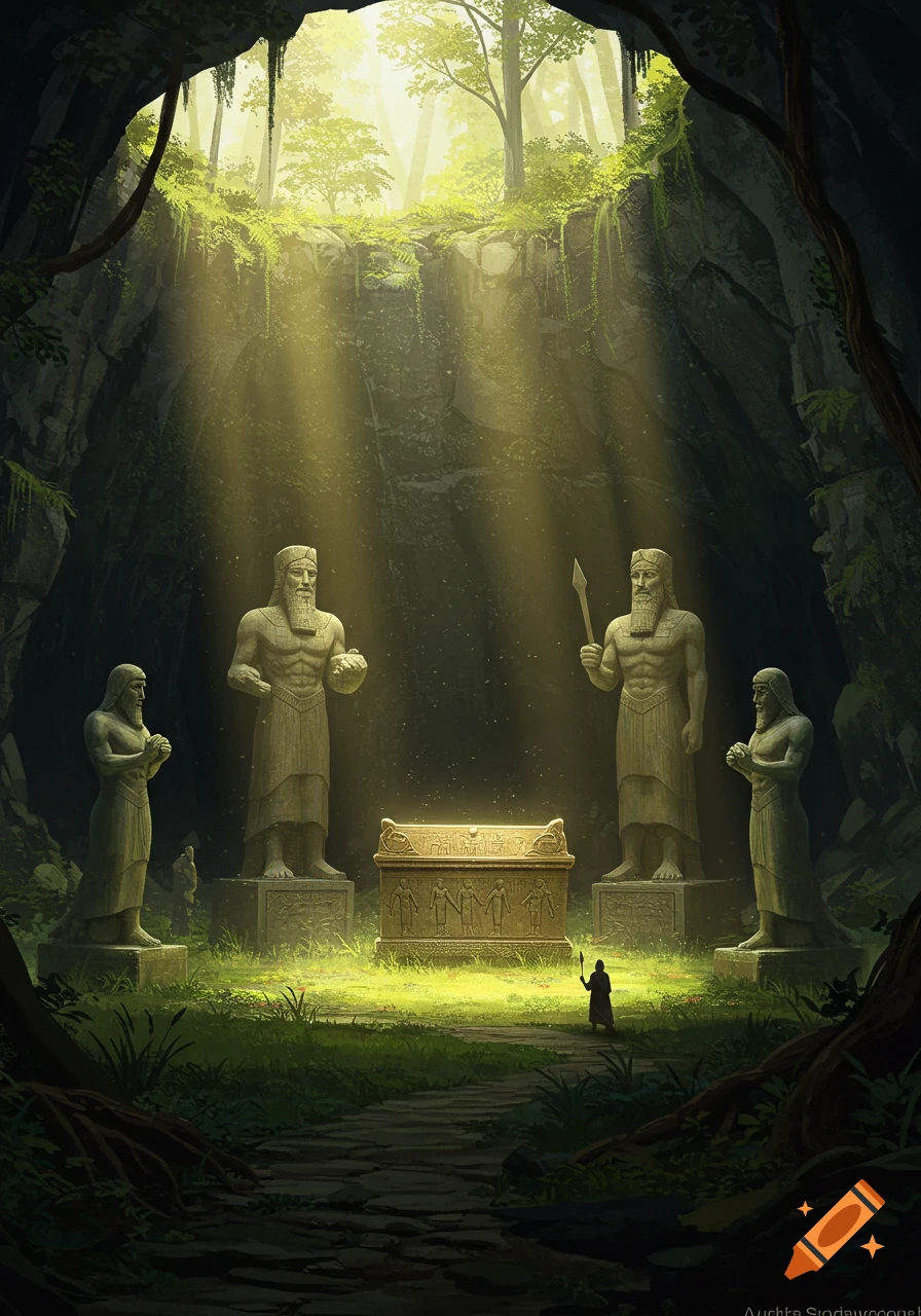 Golden sunlight illuminates an ancient cave with large stone statues guarding an ornate sarcophagus, and a small figure approaching it on a grassy path.