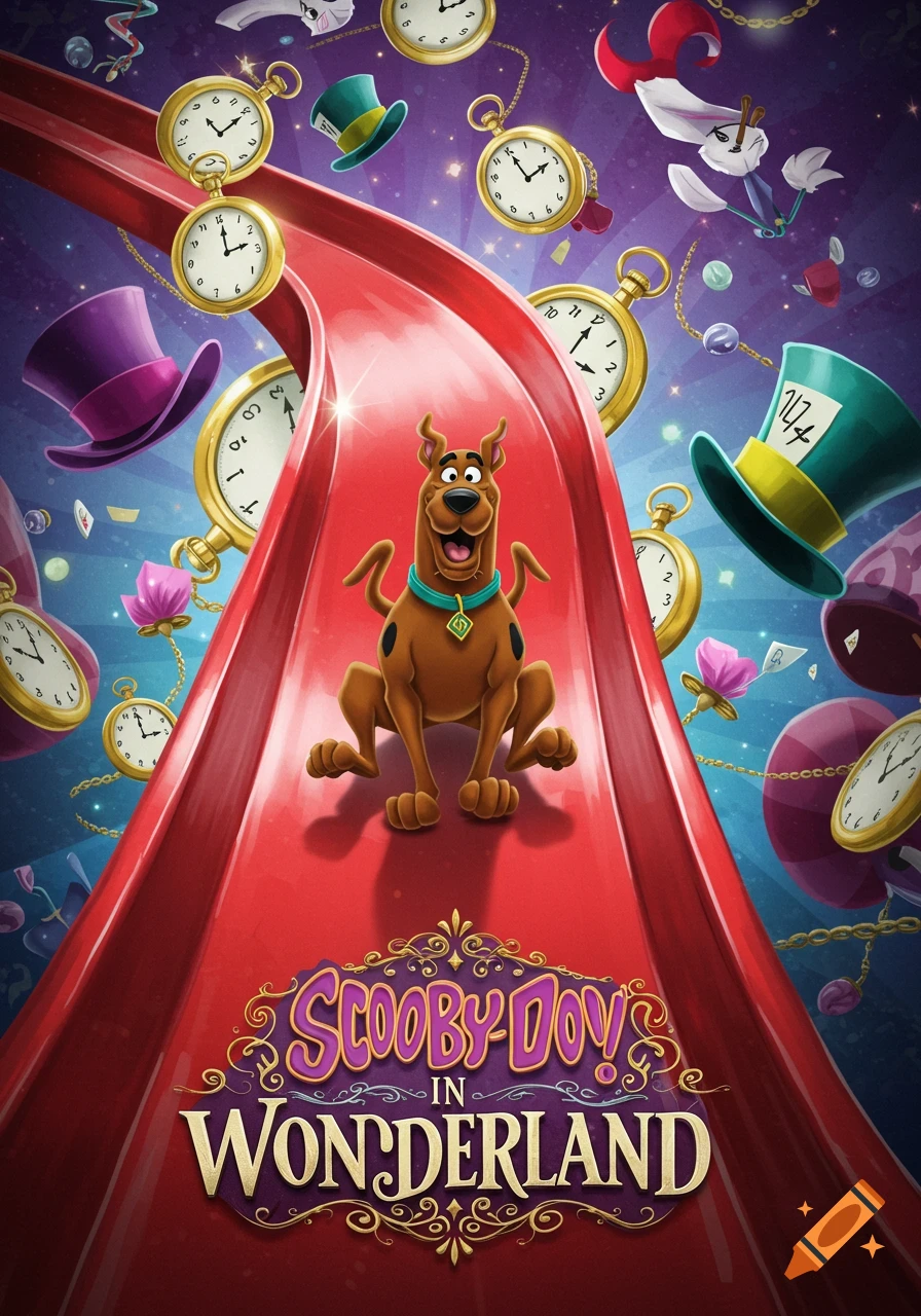 Scooby-Doo slides down a red path surrounded by floating pocket watches and Wonderland hats, with the title 'Scooby-Doo! In Wonderland'.