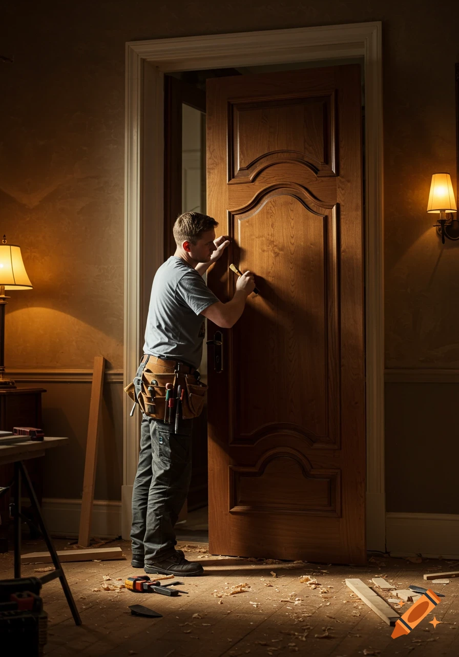 A craftsman installs a wooden door in a dimly lit room, with tools on his belt and wood shavings on the floor.