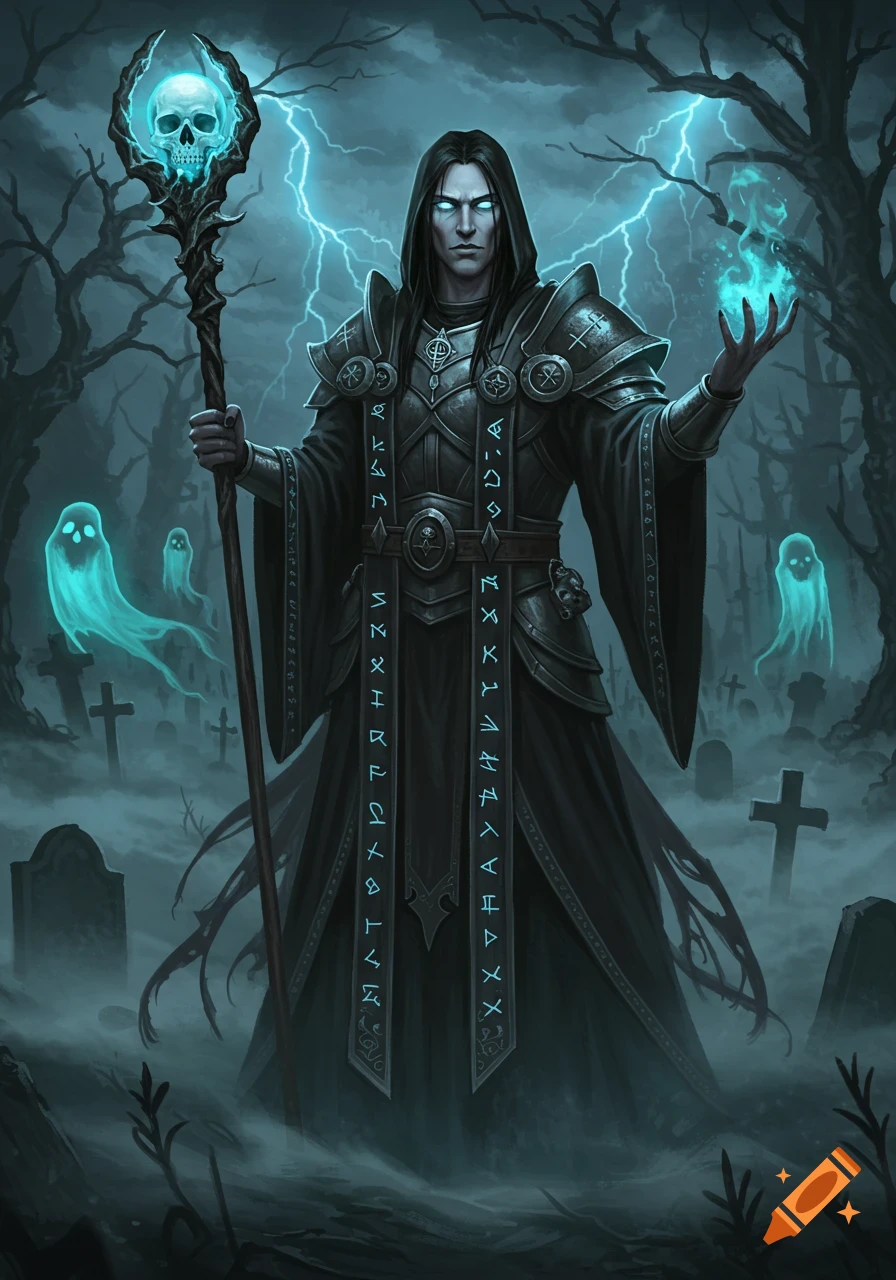 A male gothic cleric in dark robes and armor holds a glowing skull staff and blue magic orb in a misty graveyard with ghosts and lightning.