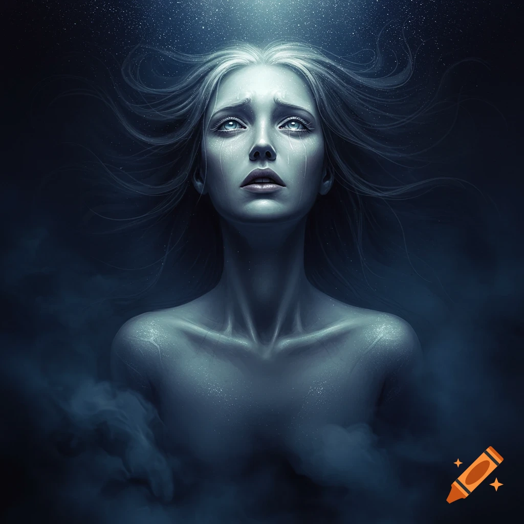 Ethereal digital art portrait of a crying pale woman looking up into a starry dark sky, enveloped in mist.