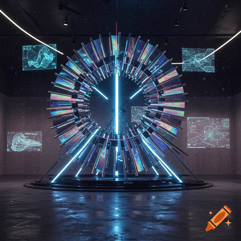 A futuristic abstract art installation, a ring with iridescent panels and blue neon lights, in a dark gallery with holographic screens.