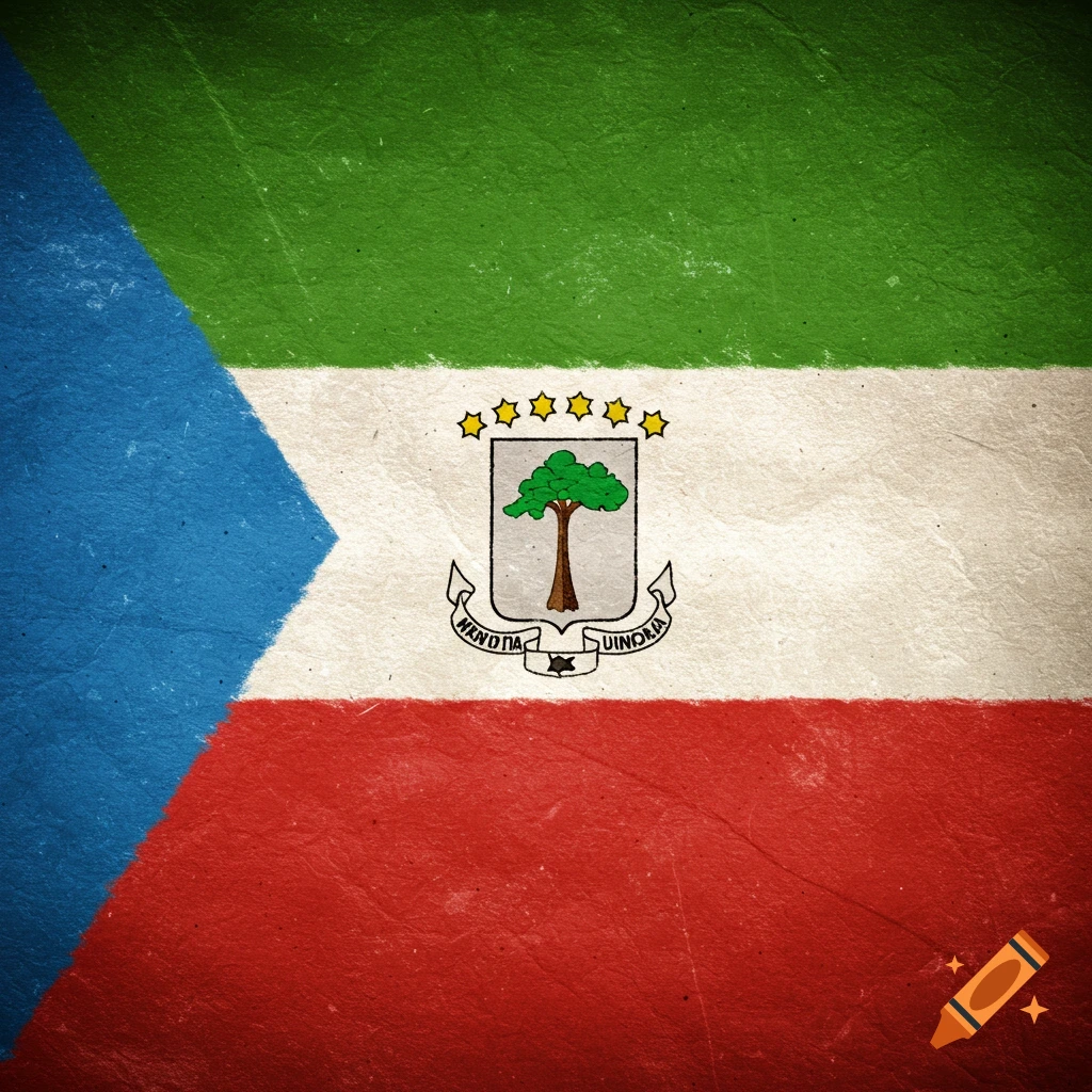 A distressed and artistic rendering of the Equatorial Guinea flag with a textured paper look.