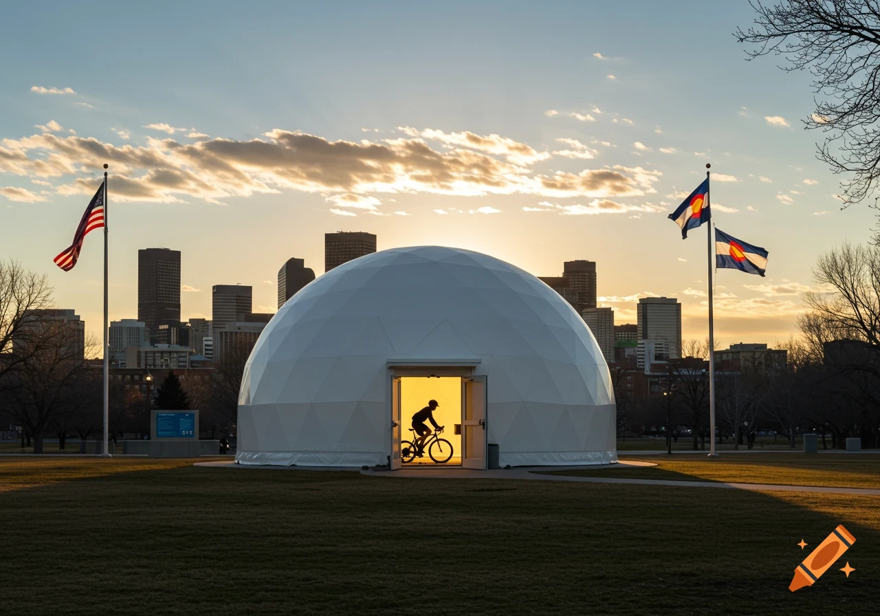 A silhouette of a cyclist on a trainer inside a white geodesic dome at sunset, with the Denver skyline and flags in the background.