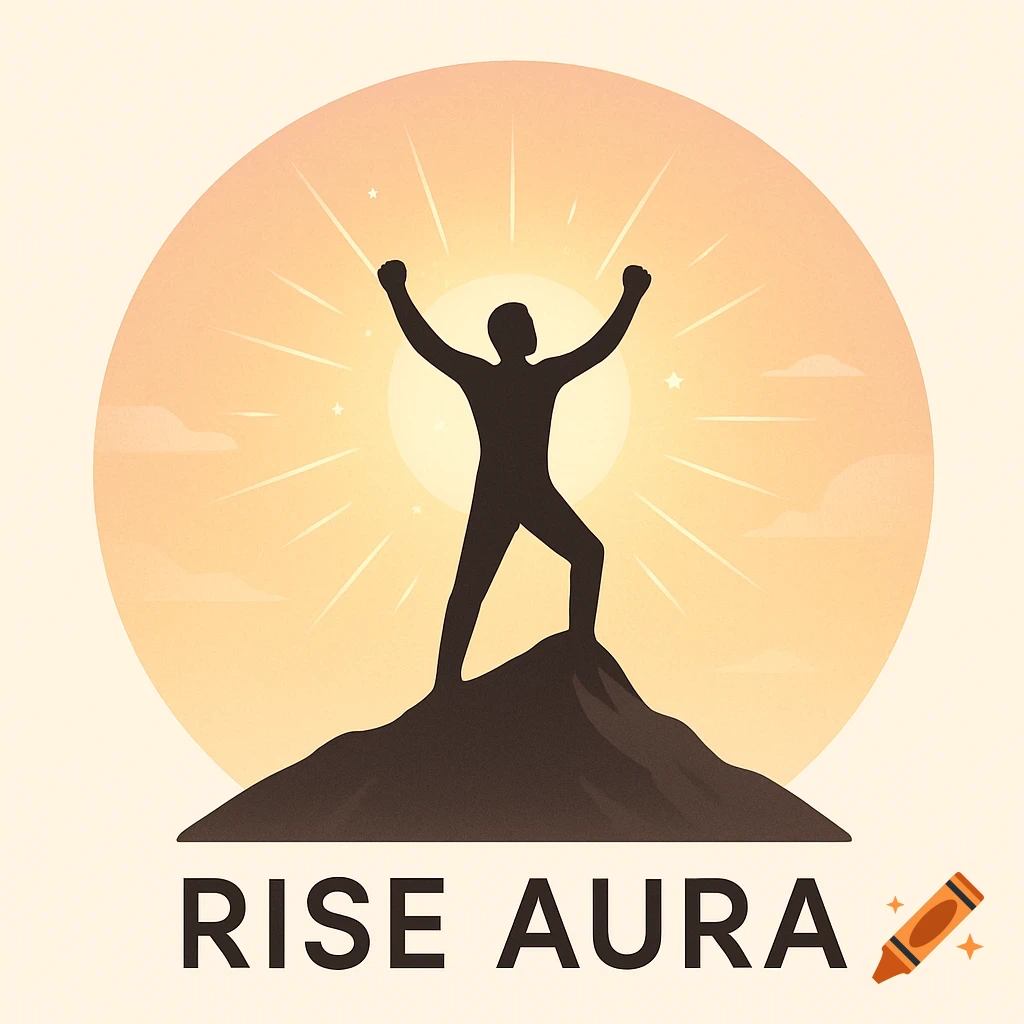 Minimalist illustration of a person's silhouette on a mountain peak with raised arms, against a golden sunrise, with 'RISE AURA' text.