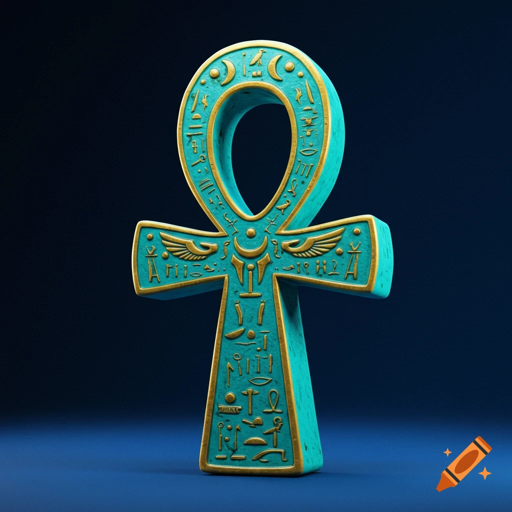 A teal and gold carved Egyptian ankh with hieroglyphs stands upright against a dark blue background.