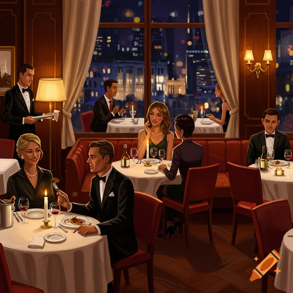Illustrated scene of people dining in an elegant restaurant at night, with a city skyline visible through large windows.