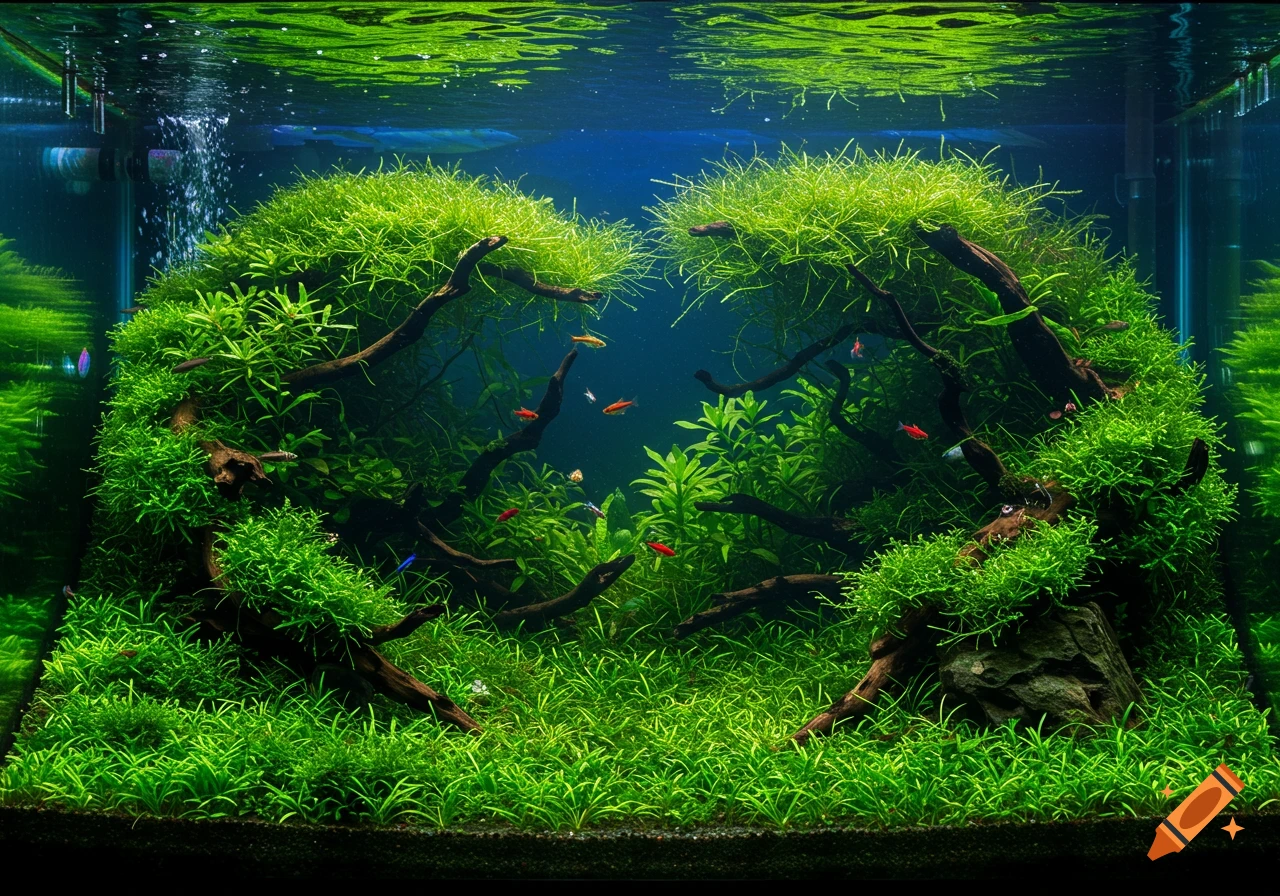 A vibrant, heavily planted photorealistic aquarium with lush green aquatic plants, driftwood, and small colorful fish swimming in clear blue water.