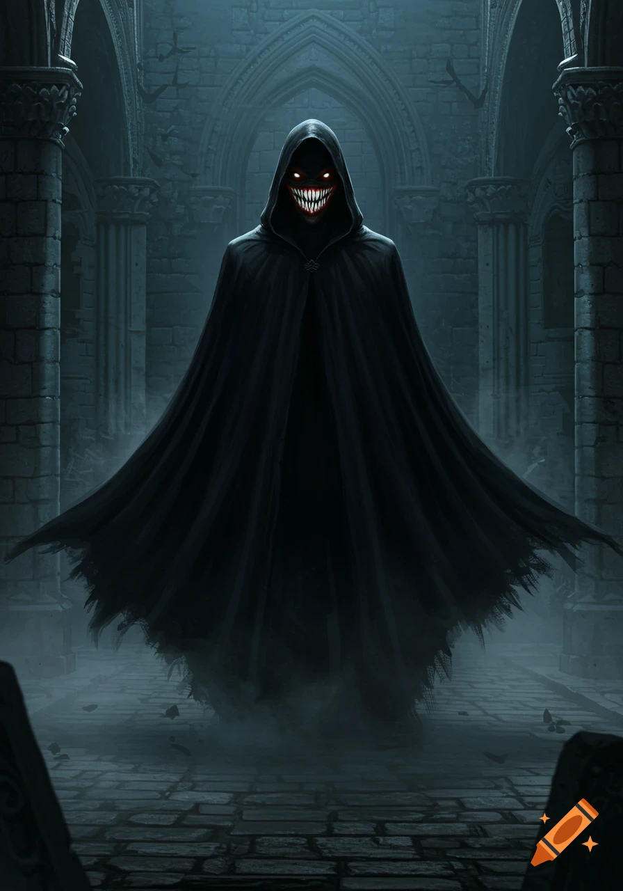 A dark hooded figure with glowing red eyes and a wide grin of sharp ...