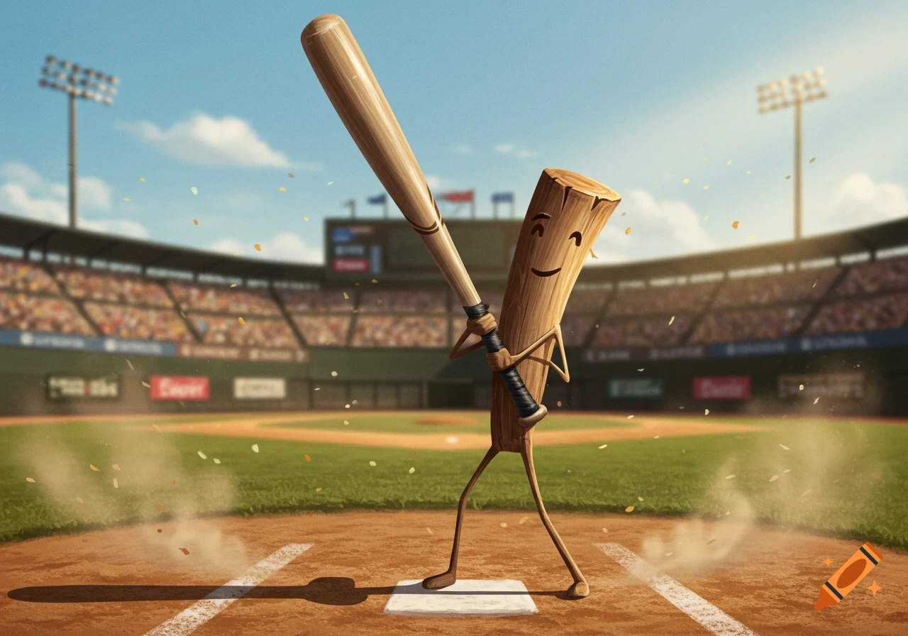 A whimsical, happy stick-figure character holding a baseball bat on a baseball field in a stadium.