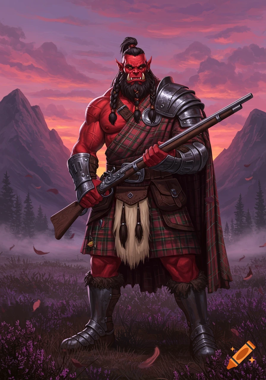 A muscular, red-skinned, bearded orc in a red tartan kilt and armor stands holding a musket against a sunset mountain landscape with purple flowers.
