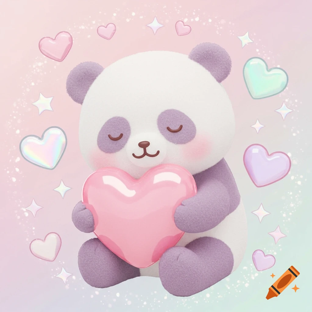 A cute, soft-looking panda with lavender accents hugs a glossy pink heart, surrounded by pastel hearts, stars, and sparkles on a gradient background.